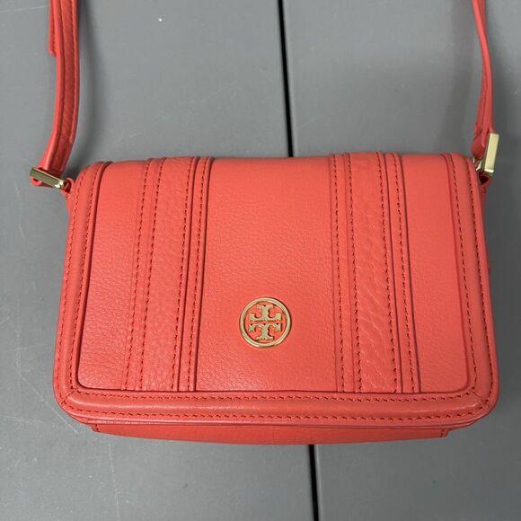 TORY BURCH Landon Crossbody Bag Small Brick Red Leather Flap Adjustable Strap - Picture 4 of 16